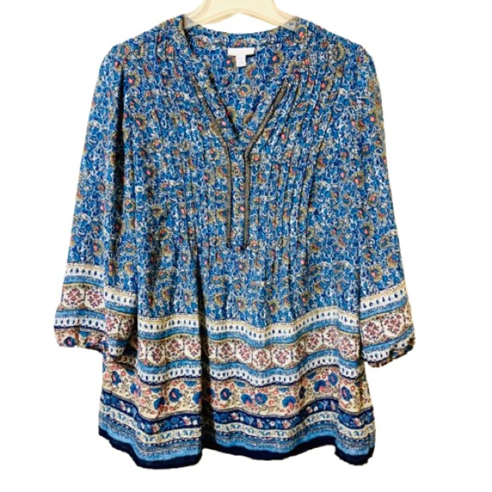 Westport 1962 Floral Beaded Women's Top - Blue/White - Size 1X